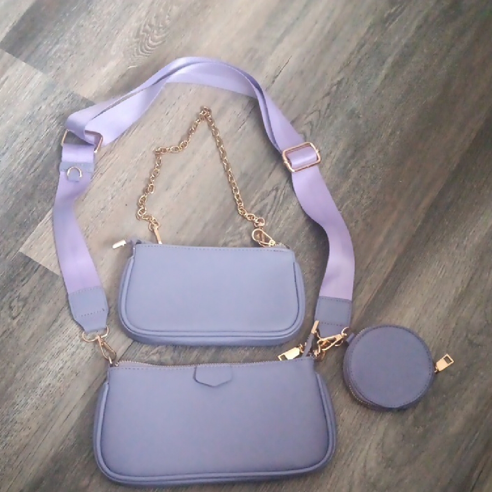 Purple Crossbody Bag Set with Gold Chain Details